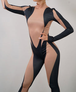 The Tiffany Nude and Black Longsleeve Bodysuit Front View