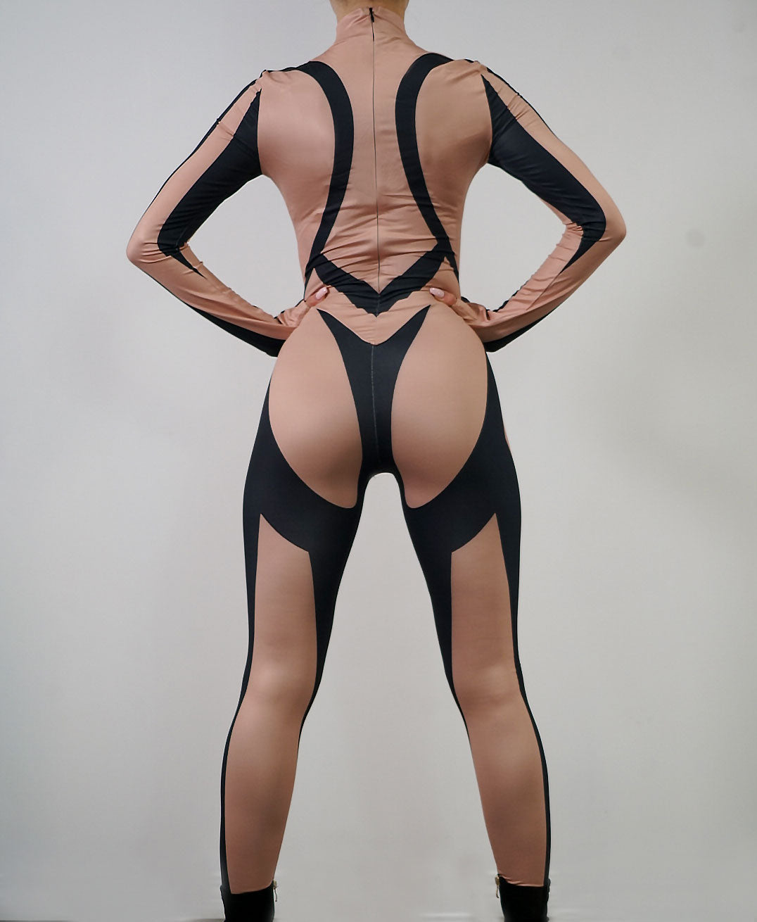 The Tiffany Nude and Black Longsleeve Bodysuit Back View