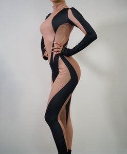The Tiffany Nude and Black Longsleeve Bodysuit Side View