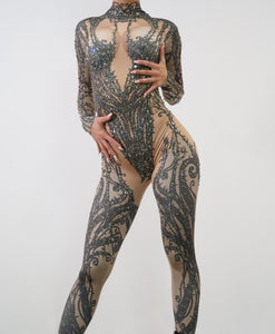 The Trisha Nude and Silver Bedazzled Longsleeve Bodysuit Front View