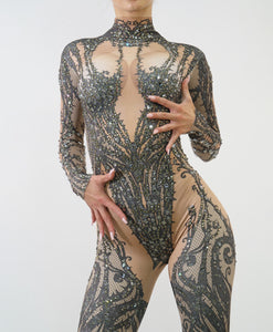 The Trisha Nude and Silver Bedazzled Longsleeve Bodysuit Front View Close-up