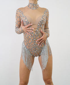 The Lana Bedazzled Leotard with Fringe Front View Close-up