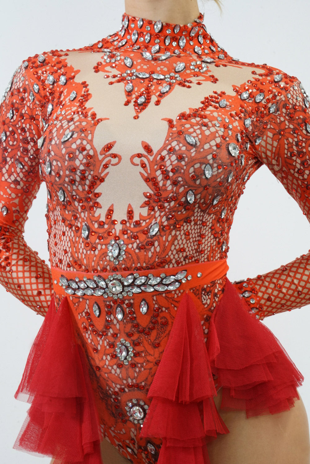The Serena Red Leotard Front View Close-up