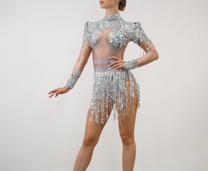 The Mia Silver Dress Front View Further Back