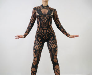 The Stacy Black Bedazzled Full Bodysuit Front View