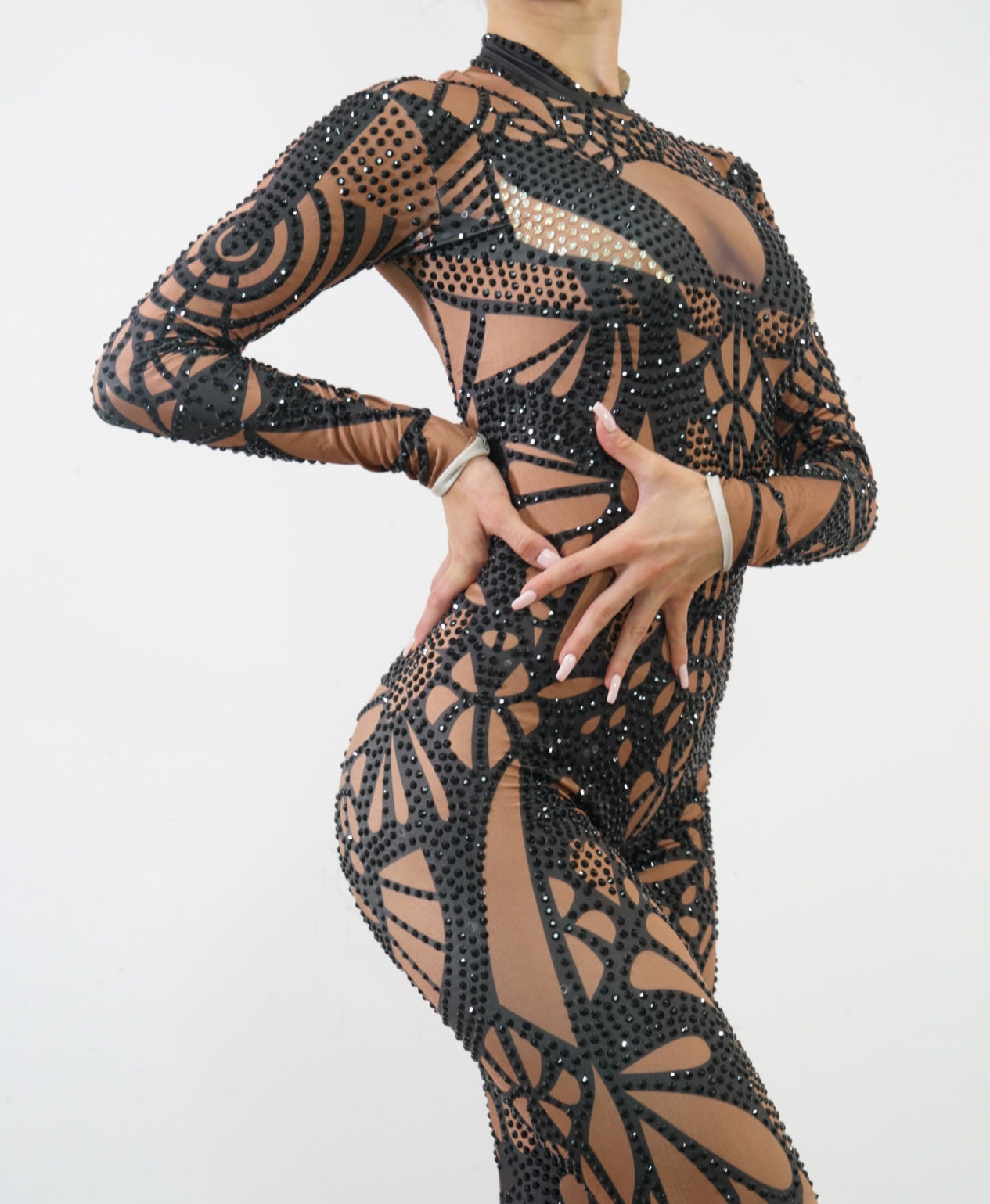 The Stacy Black Bedazzled Full Bodysuit Front View