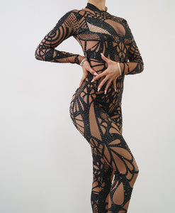 The Stacy Black Bedazzled Full Bodysuit Side View